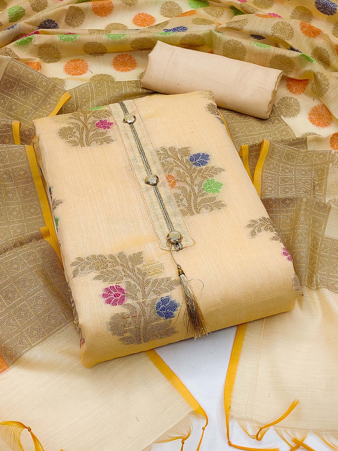 

SAINOOR Semi-Stitched Dress Material, Beige