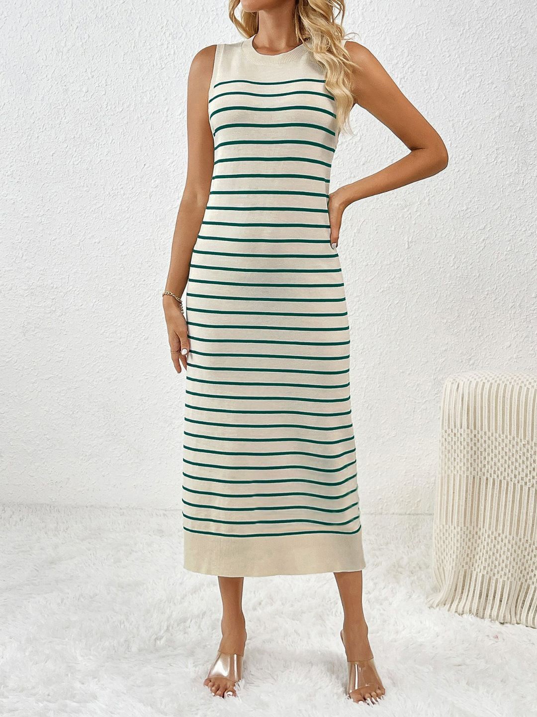 

Oh Rare Striped Acrylic Bodycon Midi Dress, Off white