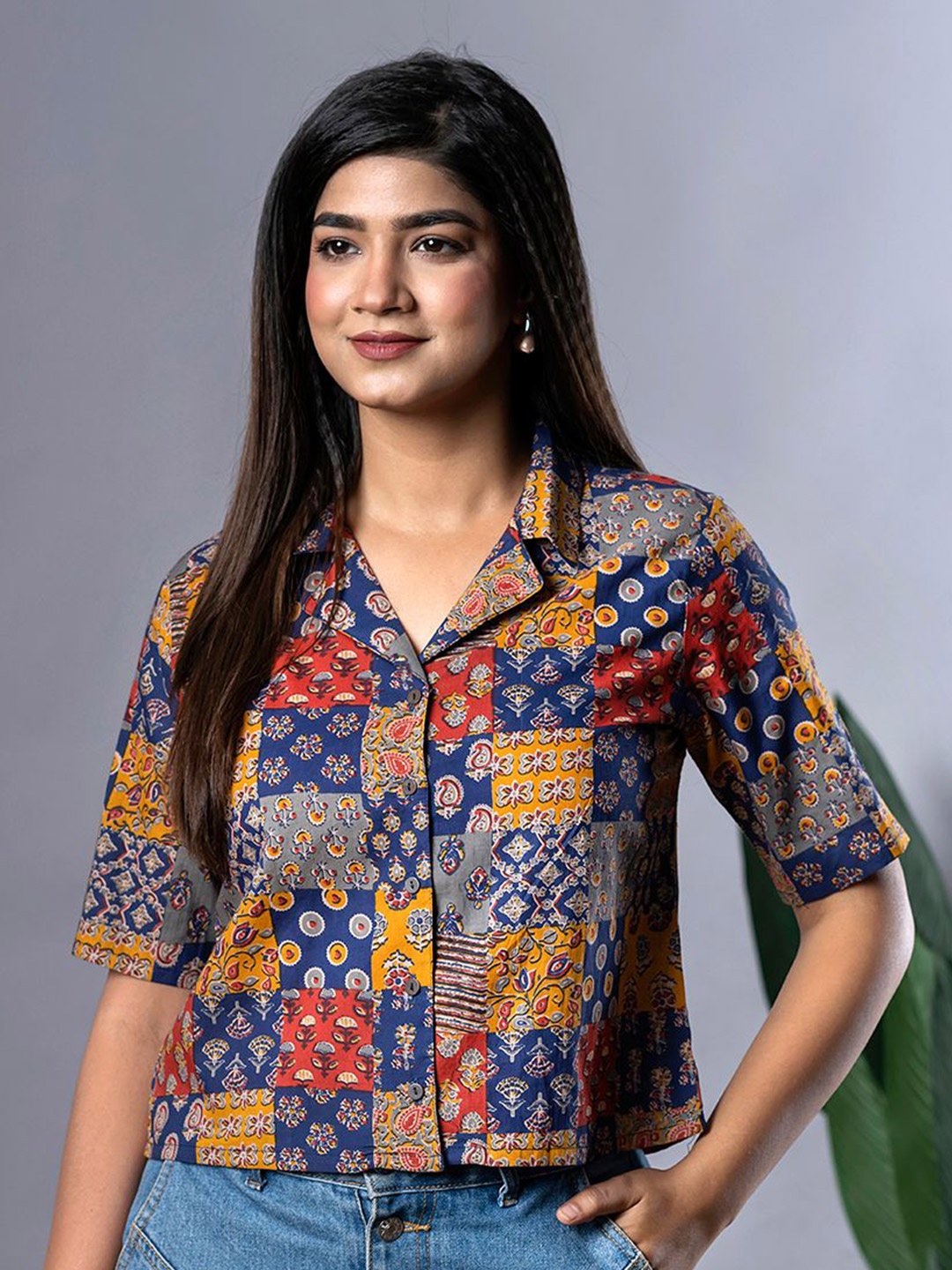 

CORSICA Print Cotton Shirt Style Crop Top, Blue