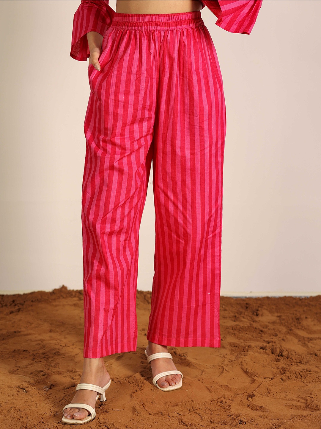 

KAORI BY SHREYA AGARWAL Women Striped High-Rise Trousers, Pink