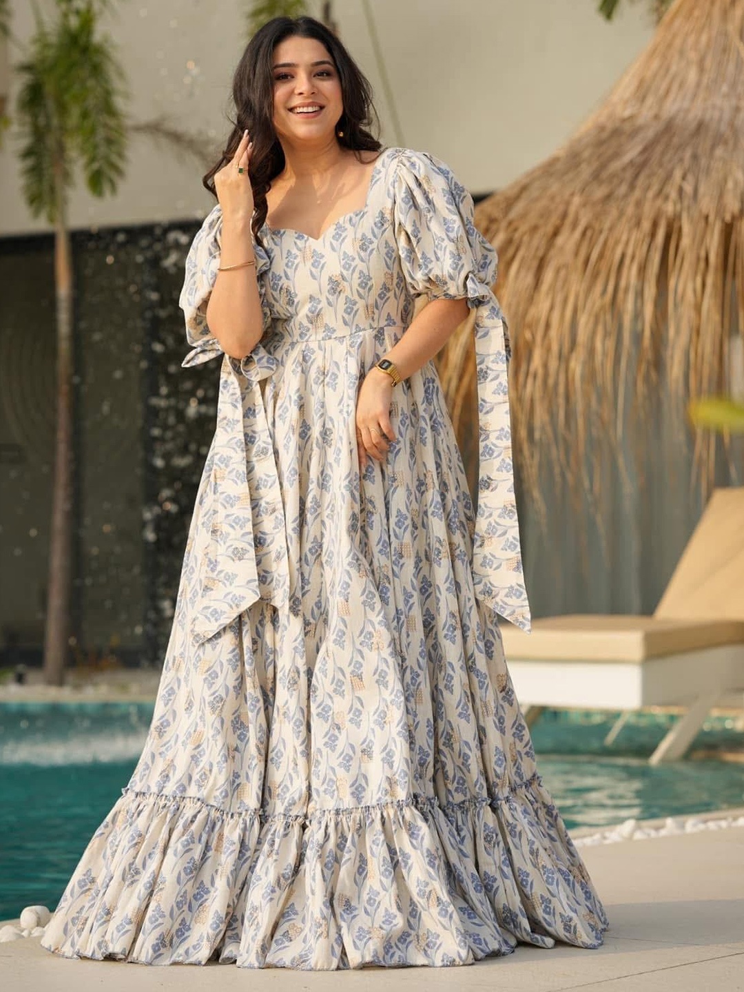 

CANIZZARO Floral Print Puff Sleeve Maxi Dress, Grey