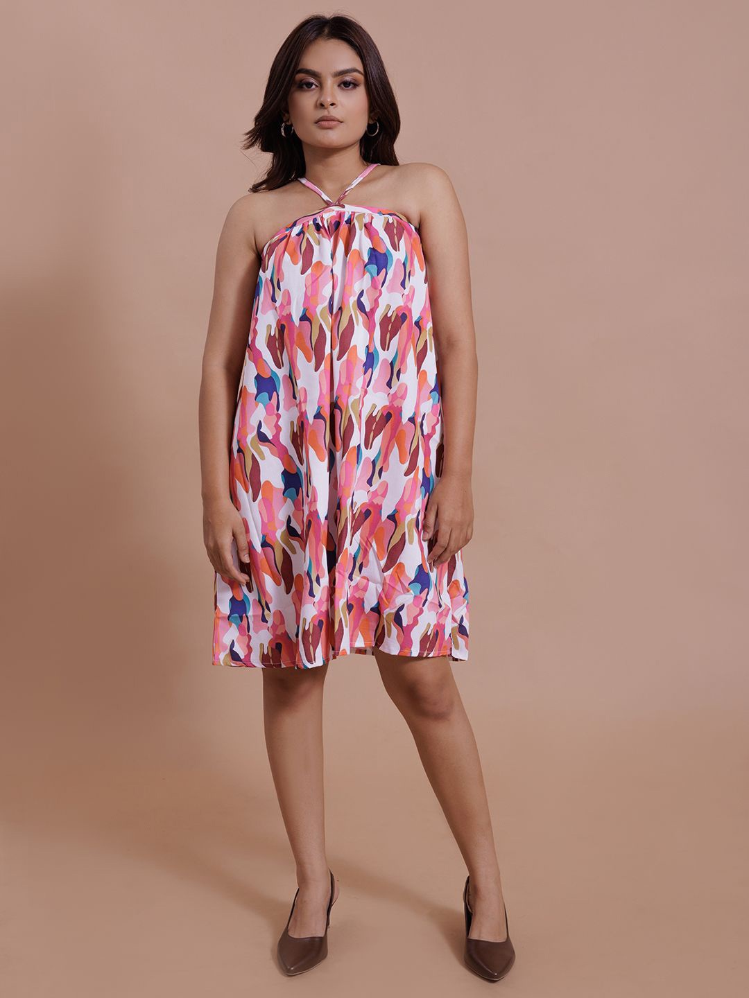 

SHINISHA Print Halter Neck A-Line Dress, Pink