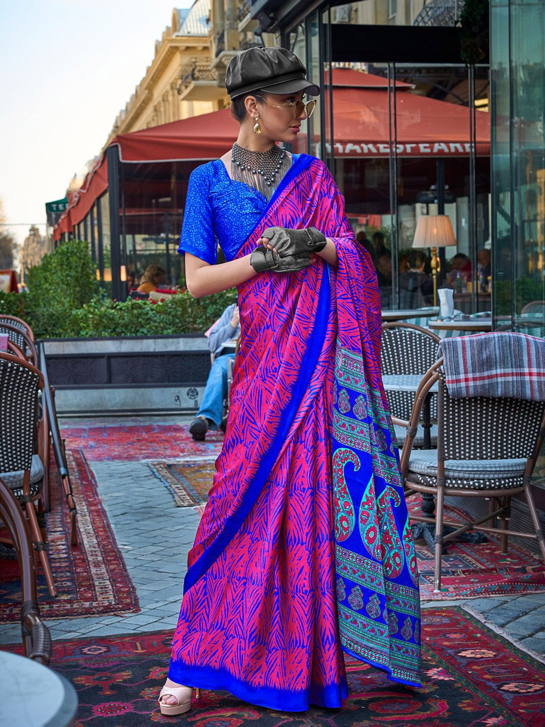 

PEENGAX Satin Saree, Pink