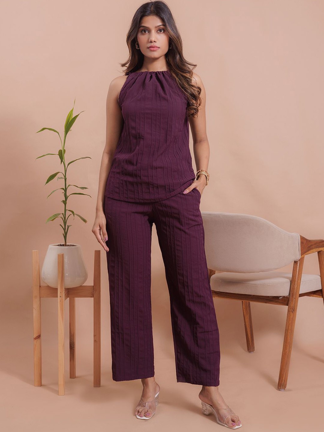 

SHINISHA Textured Top With Trousers Co-Ords, Burgundy