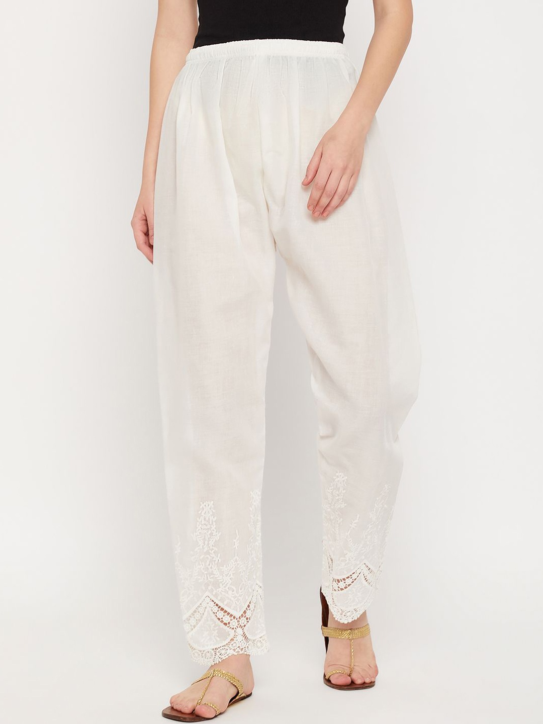 

TULIP 21 Women Floral Embroidered Comfort Tapered Fit Easy Wash Trousers, White