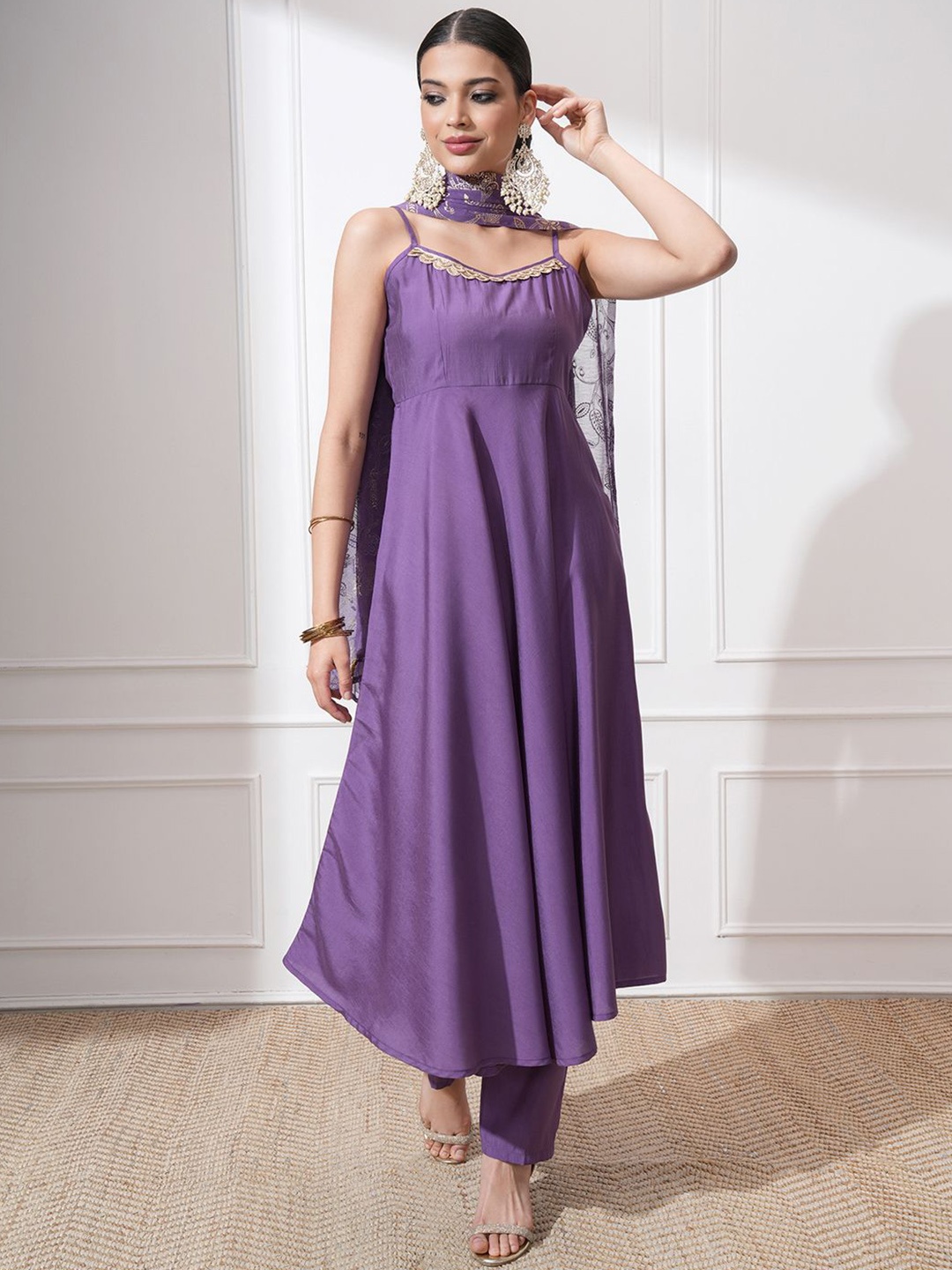 

Vishudh Women Ethnic Motifs Regular Kurta with Trousers & With Dupatta, Purple