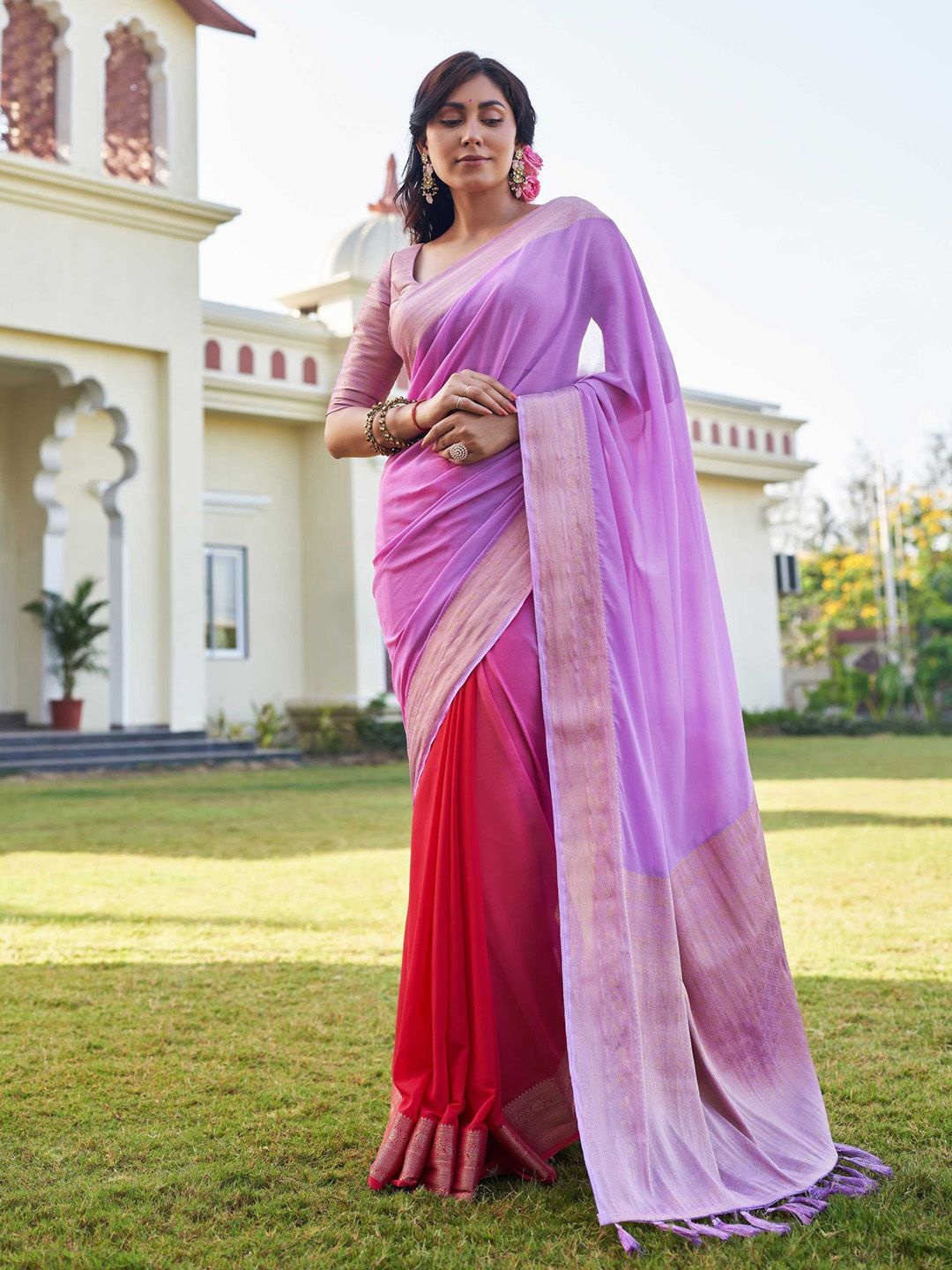 

DEVATITHI Silk Blend Banarasi Saree, Lavender