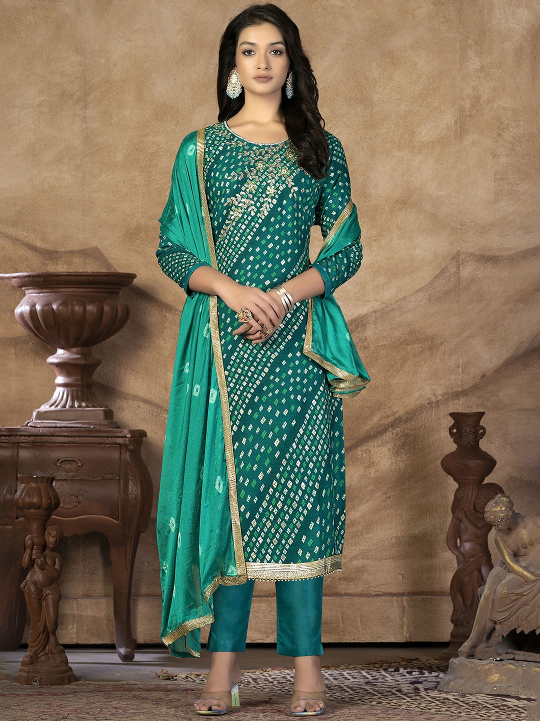 

SAINOOR Embellished Pure Cotton Semi-Stitched Dress Material, Green