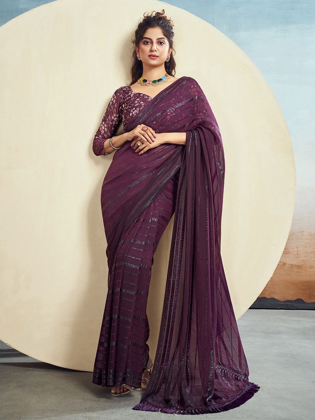

DIVASTRI Striped Pure Georgette Saree, Purple