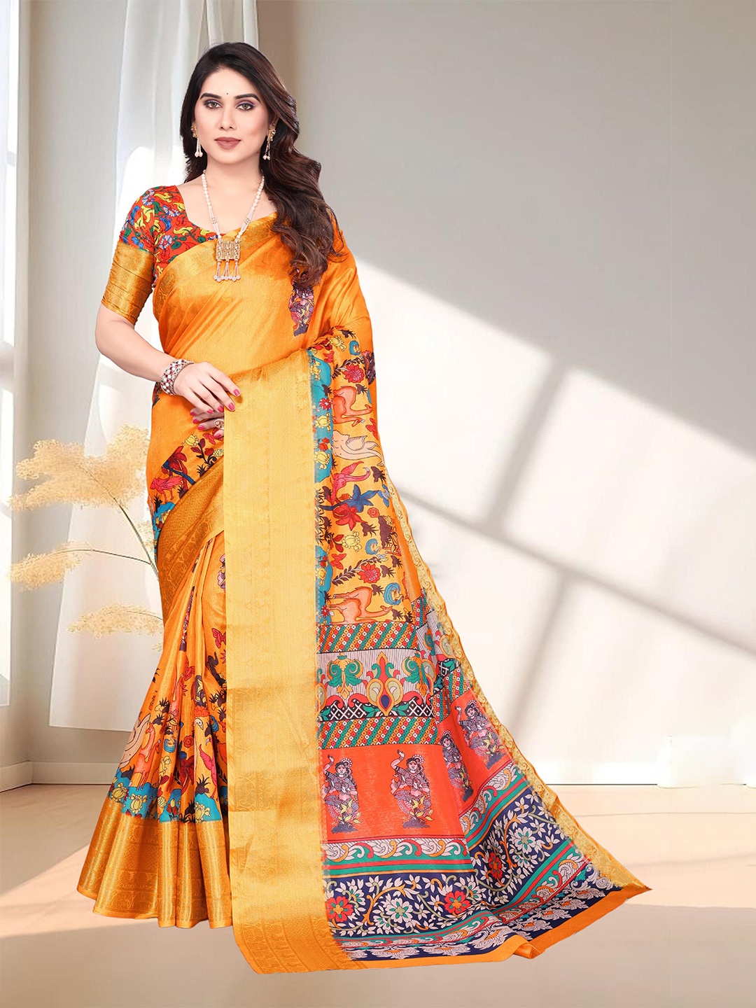 

SUPERLAXMI Kalamkari Zari Silk Blend Saree, Orange