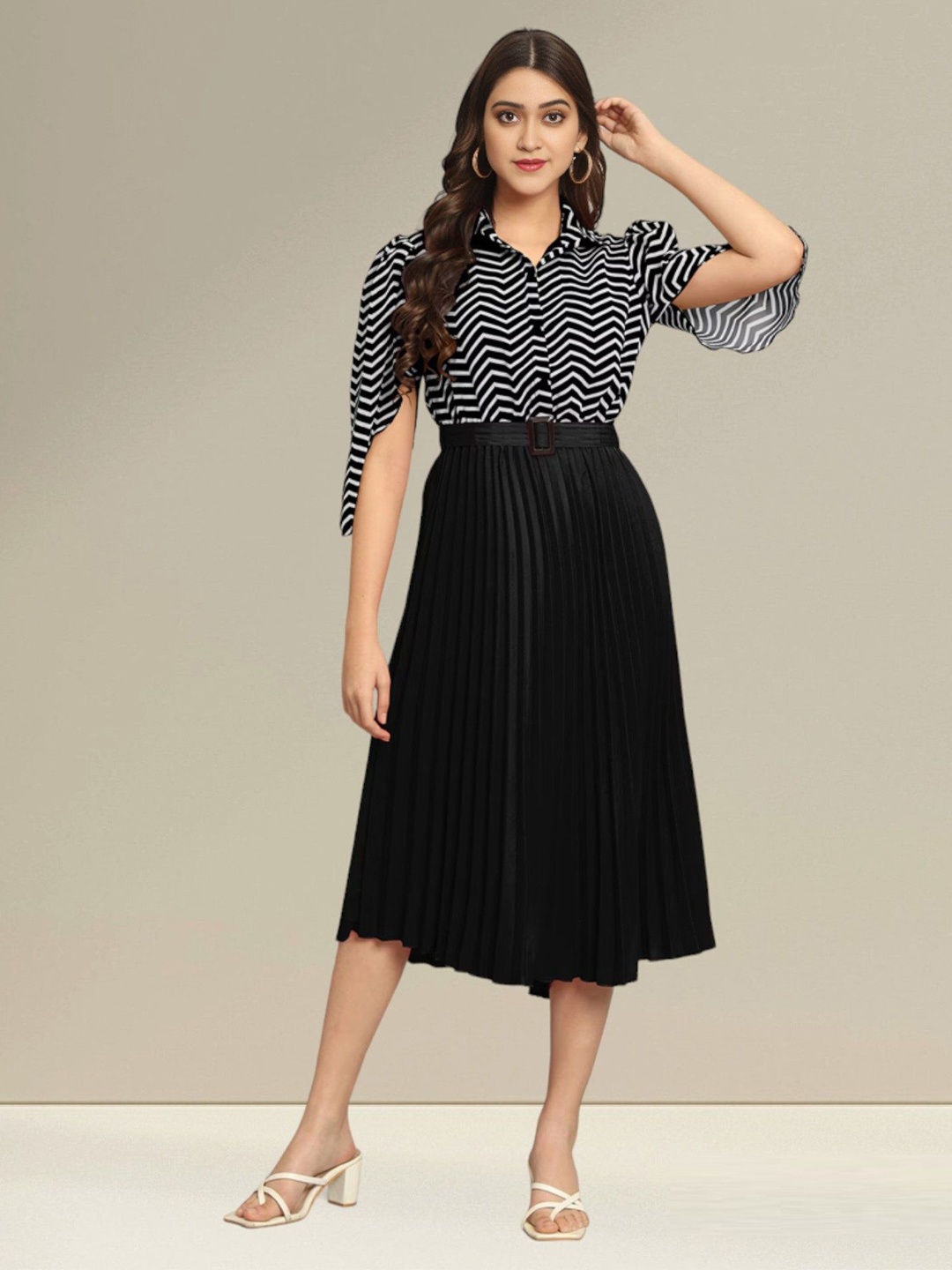 

Raiyani Fashion Striped Applique Georgette Fit & Flare Midi Dress, Black