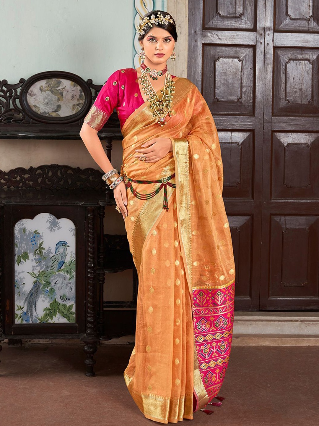 

DIVASTRI Ethnic Motifs Zari Silk Cotton Banarasi Saree, Orange