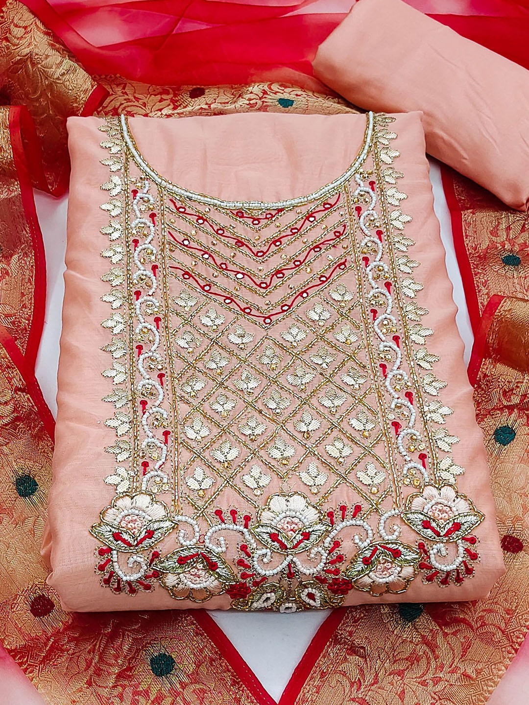 

SAINOOR Embellished Semi-Stitched Dress Material, Peach