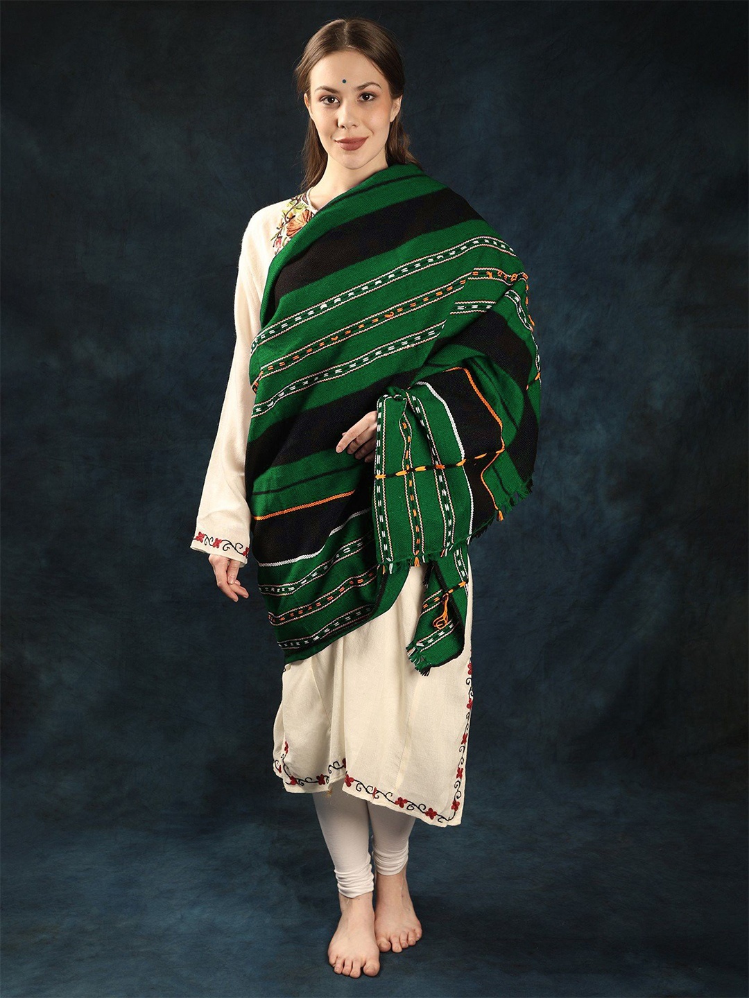 

Exotic India Men Striped Woven Design Shawl, Green