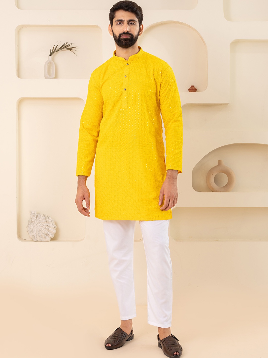 

Shiv Leela Men Embroidered Mirror Work Kurta, Yellow