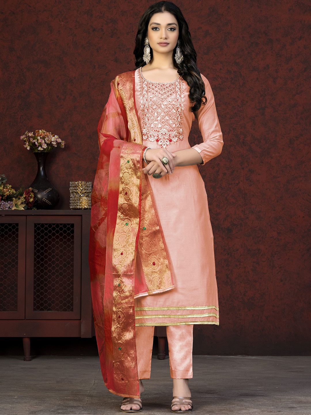 

SAINOOR Embellished Semi-Stitched Dress Material, Peach