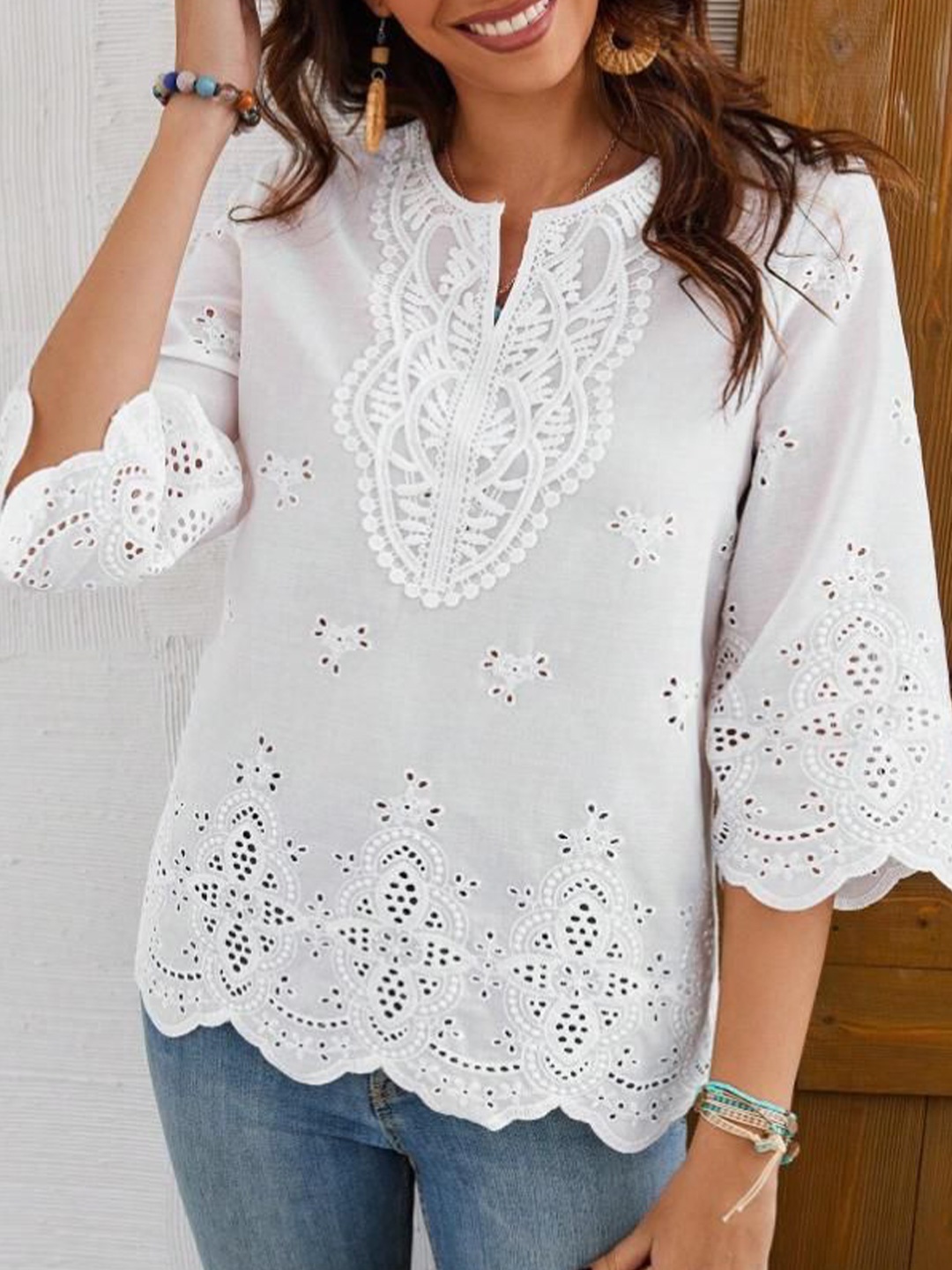 

all about you Embroidered Schiffli Shirt Style Top, White