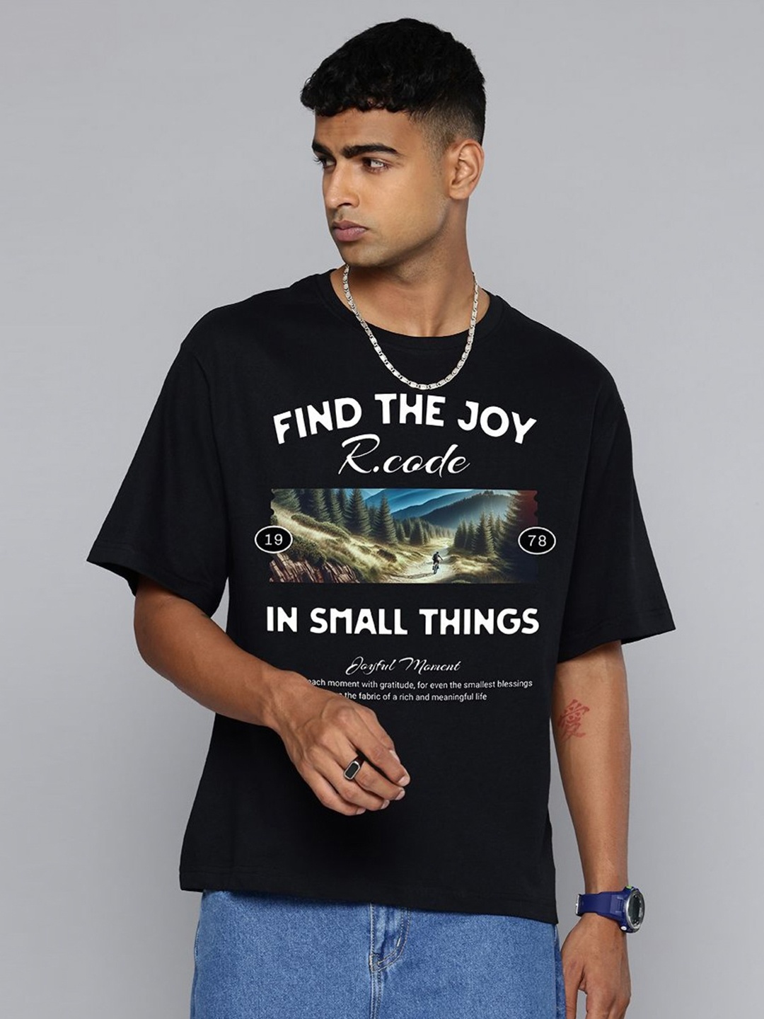 

R.Code by The Roadster Life Co. Men Printed Raw Edge T-shirt, Black