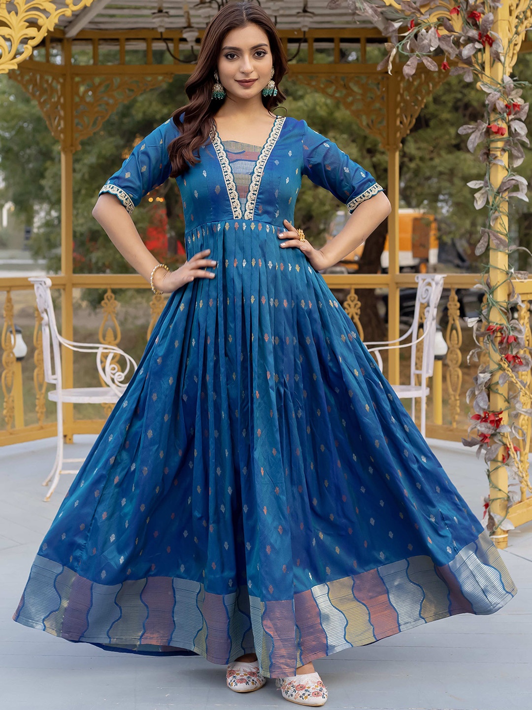 

DEVATITHI Woven Design Gown Maxi Ethnic Dresses, Gold