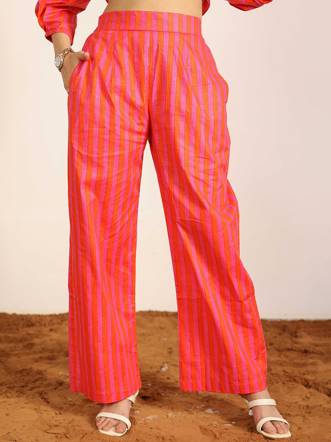 

KAORI BY SHREYA AGARWAL Women Striped High-Rise Trousers, Red
