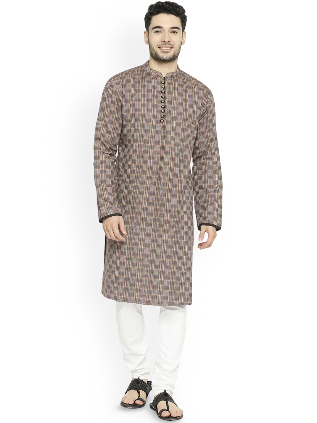 

Arch element Men Geometric Checked Flared Sleeves Mirror Work Kurta, Brown