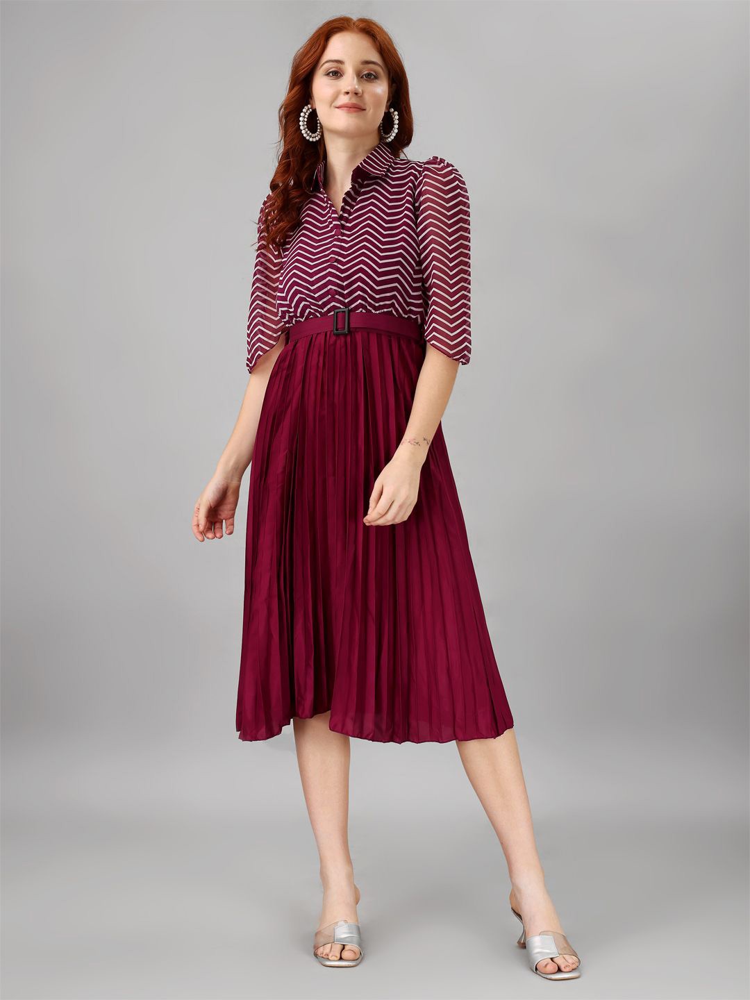 

Raiyani Fashion Striped Applique Georgette Fit & Flare Midi Dress, Magenta