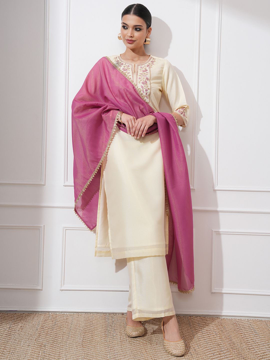 

Vishudh Women Ethnic Motifs Embroidered Regular Thread Work Kurta with Trousers & With Dupatta, Cream