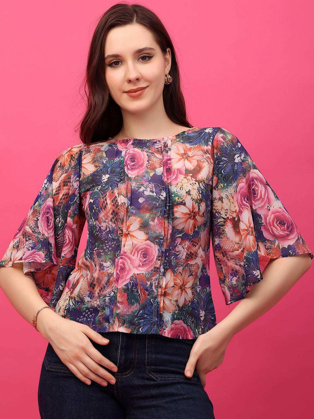

Moda Rapido Floral Print Flared Sleeve Georgette Top, Multi