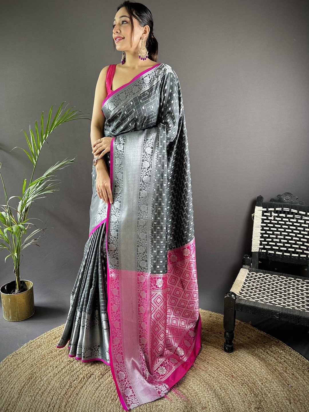 

Mitera Woven Design Zari Silk Blend Saree, Grey