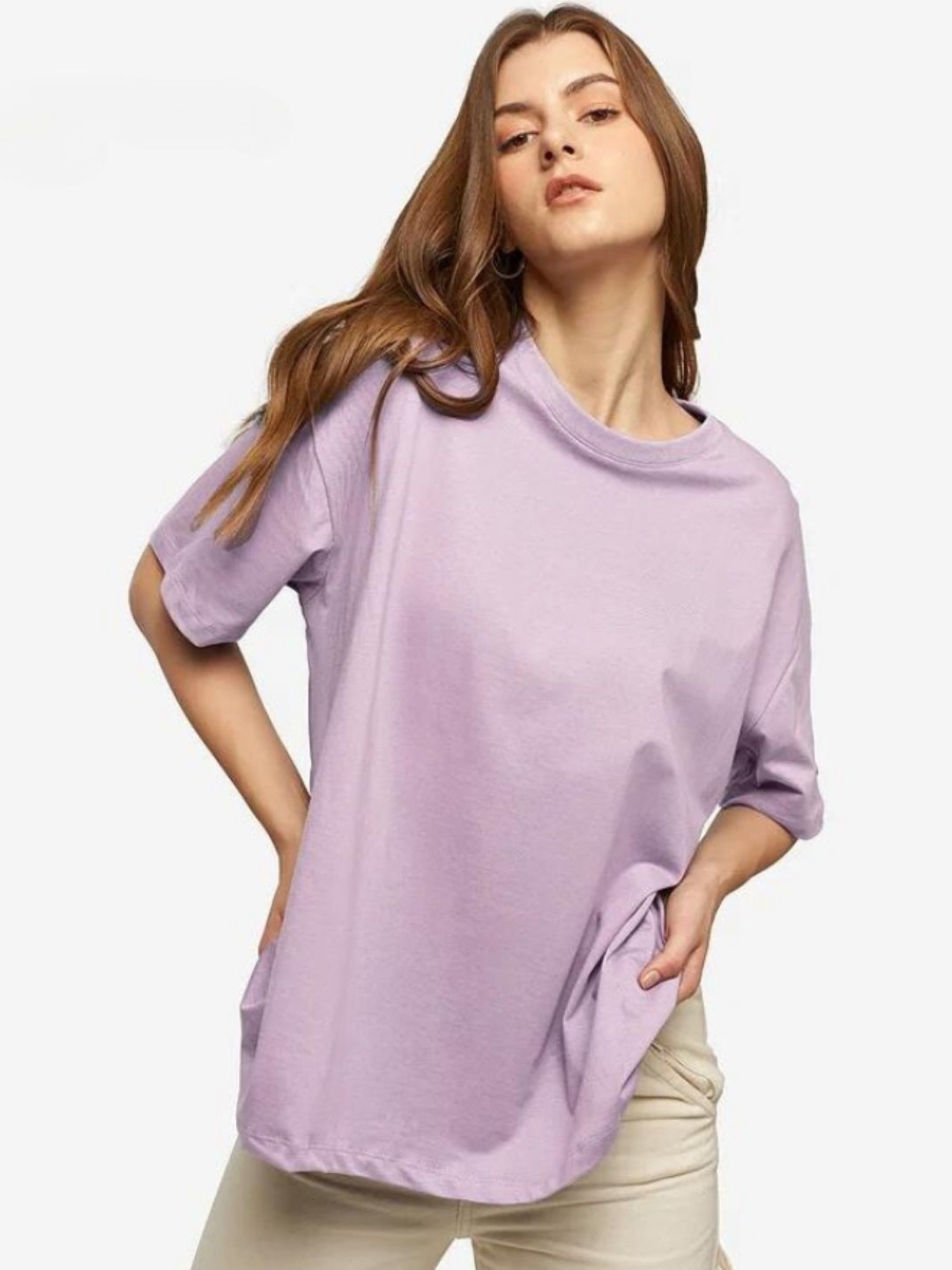 

URBANICE Women Drop-Shoulder Sleeves T-shirt, Lavender