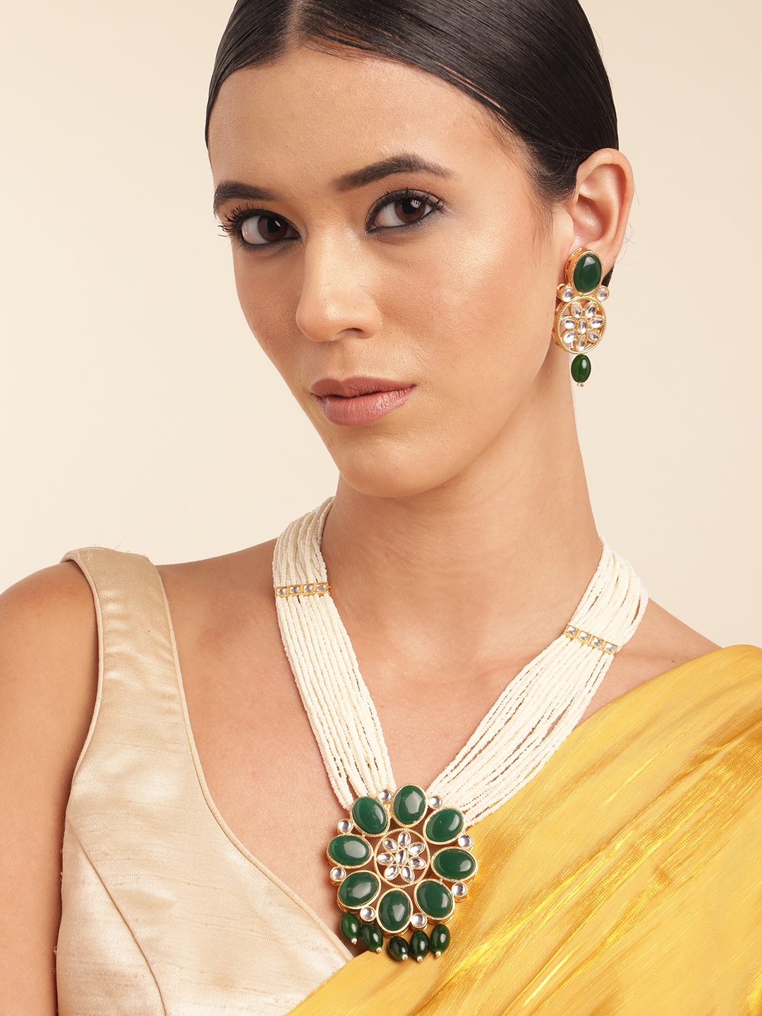 

Anouk Gold Plated Beaded Premium Layered Long Neckalce & Earring Set, Green