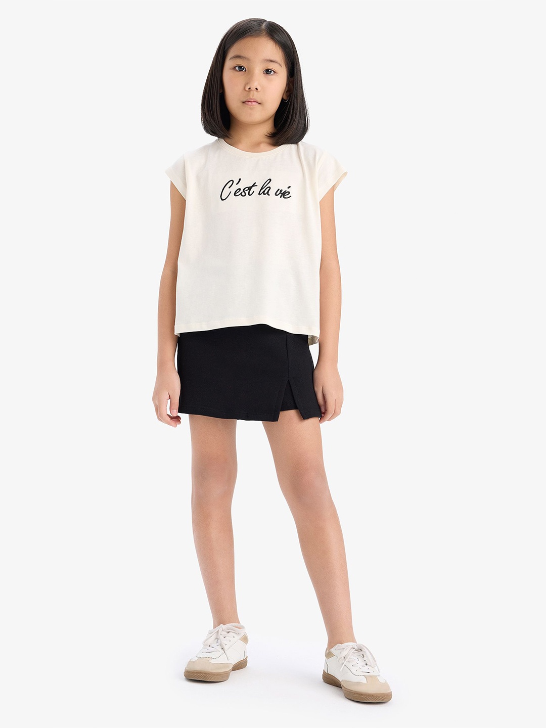

DeFacto Girls Printed Top with Skirt, Beige