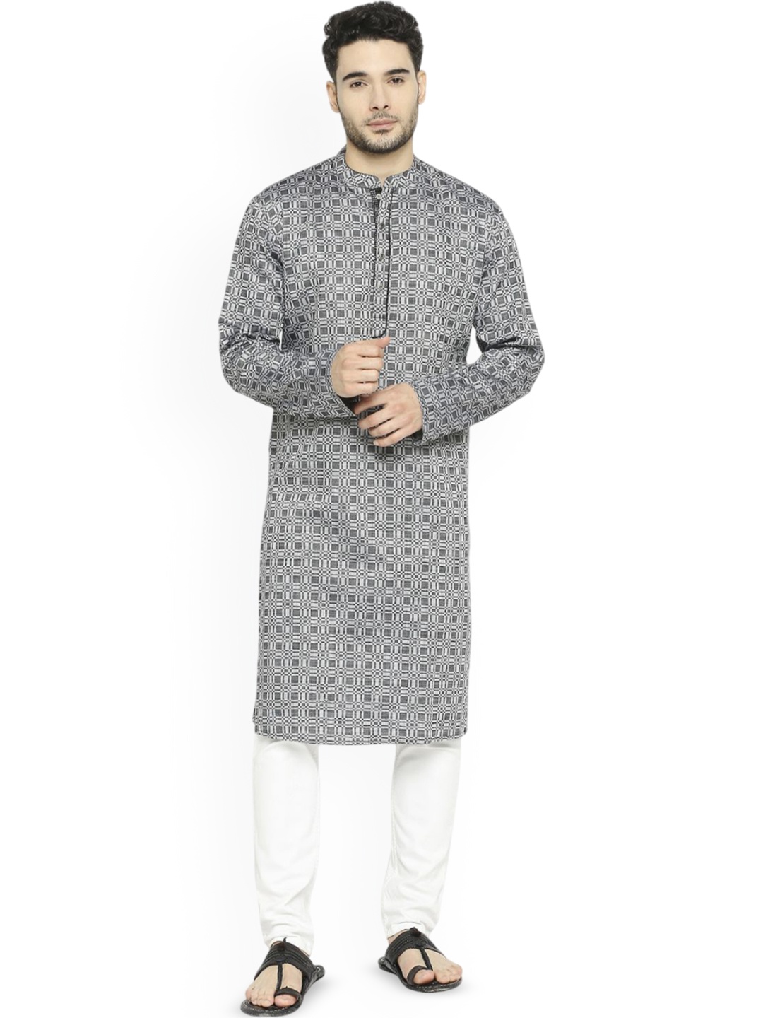 

Arch element Men Geometric Thread Work Anarkali Kurta, Grey