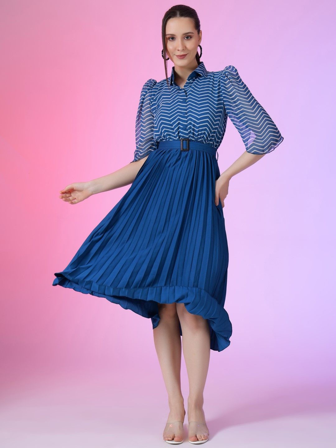 

Raiyani Fashion Print Puff Sleeve Applique Georgette Fit & Flare Dress, Blue