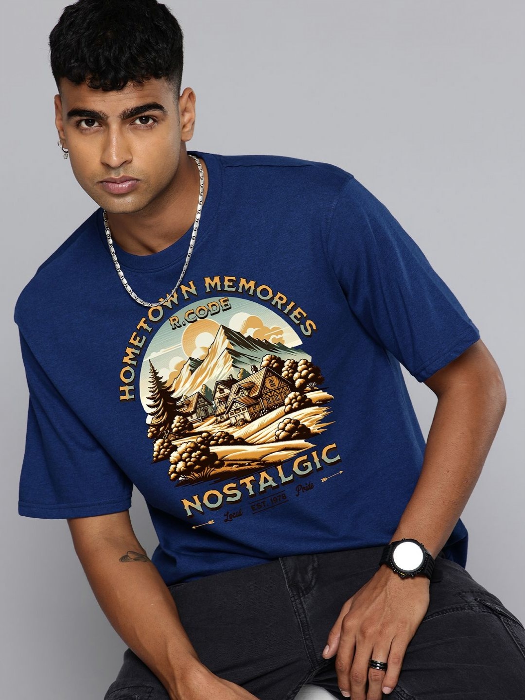 

R.Code by The Roadster Life Co. Men Printed Raw Edge T-shirt, Blue