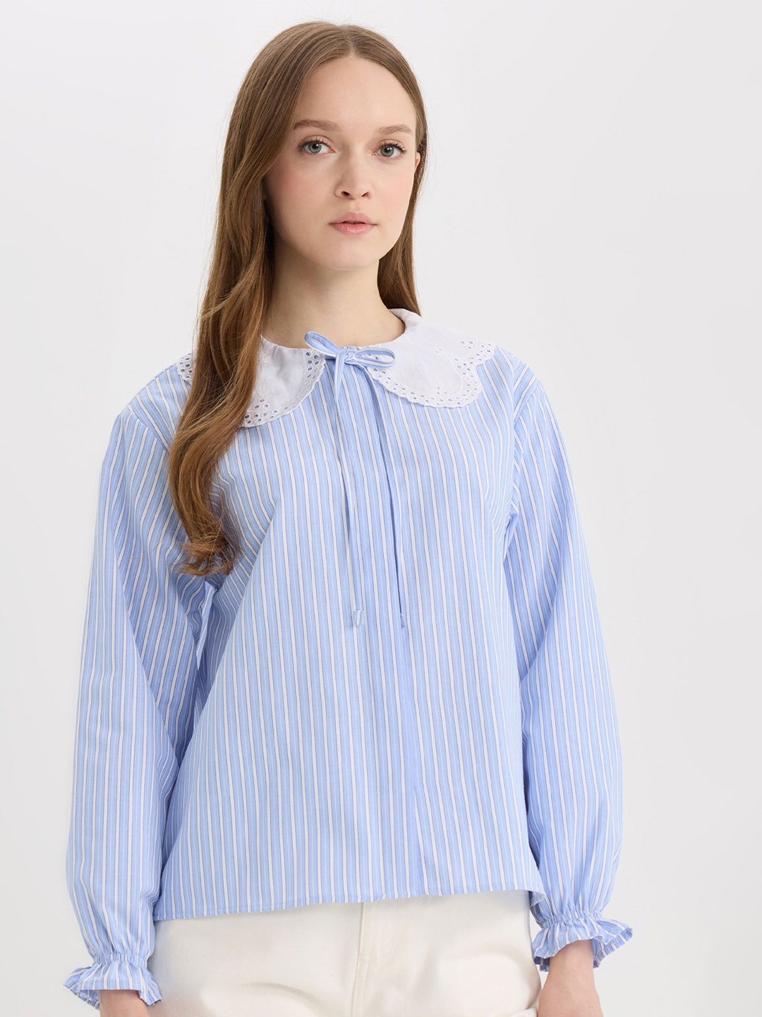 

DeFacto Shirt Collar Striped Tunic, Blue