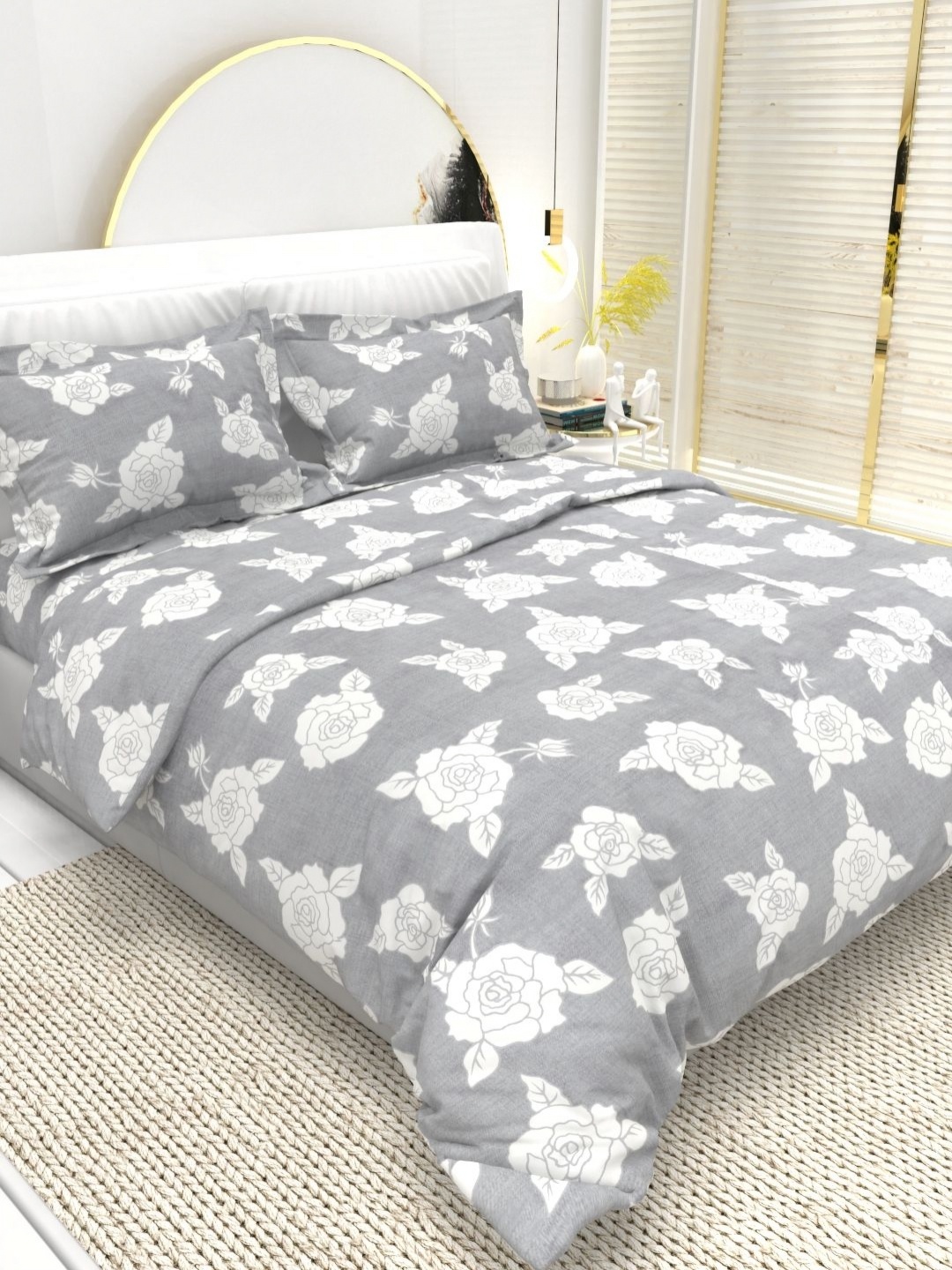

THE WHITE MOSS Grey & White Floral Queen Bedsheet with 2 Pillow Covers