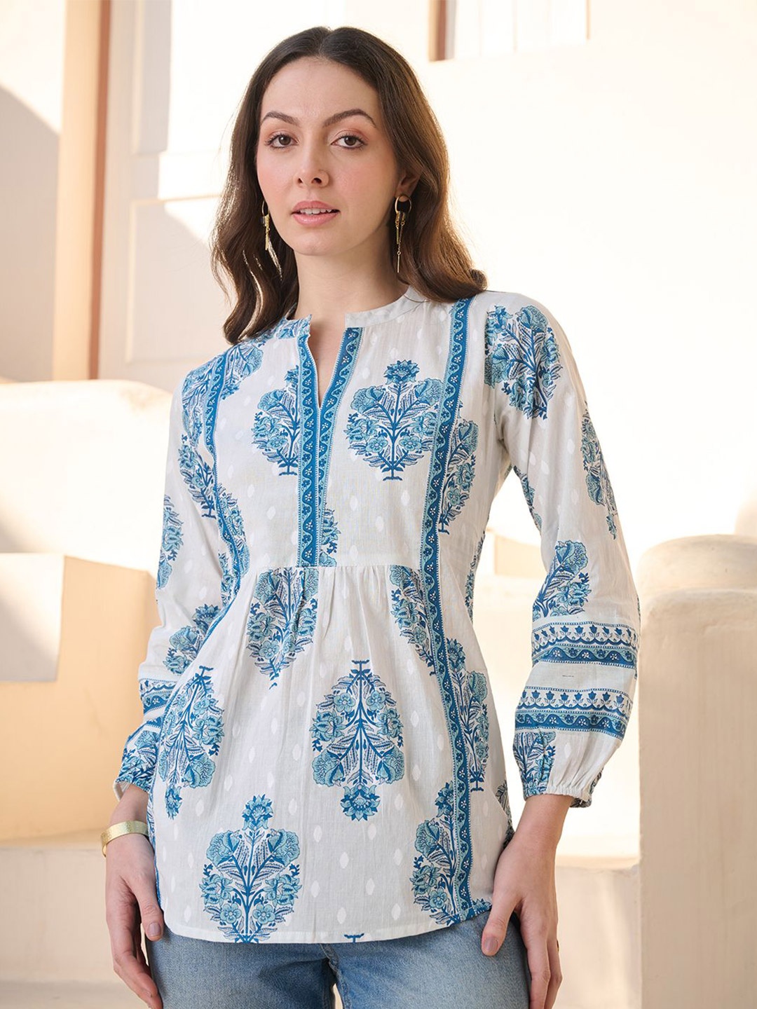 

Stylum Print Mandarin Collar Puff Sleeve Ethnic Cotton Top, Blue