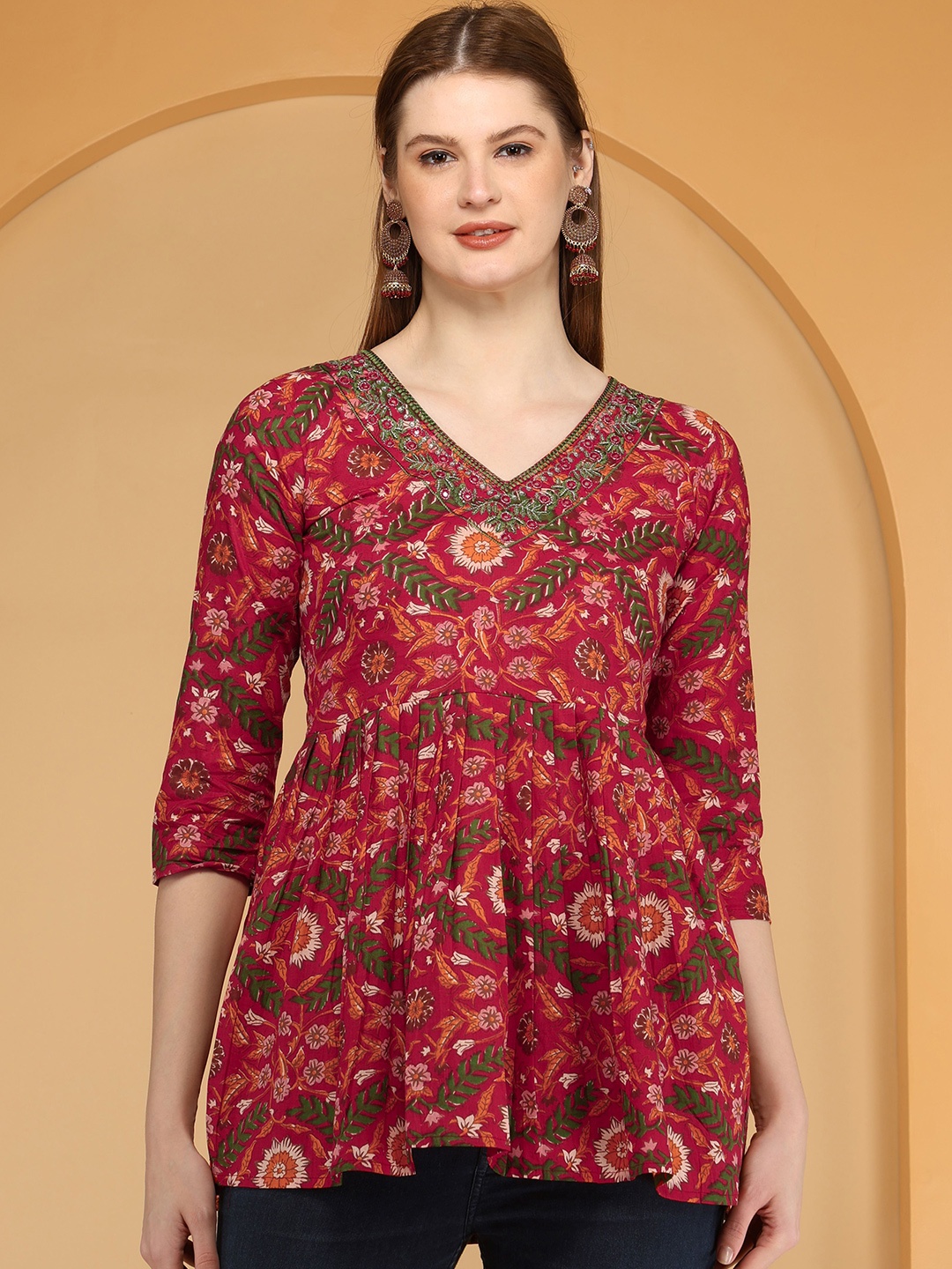 

AJ ART Floral Embroidered V-Neck Mirror Work Pure Cotton Mirror Work Anarkali Kurti, Red