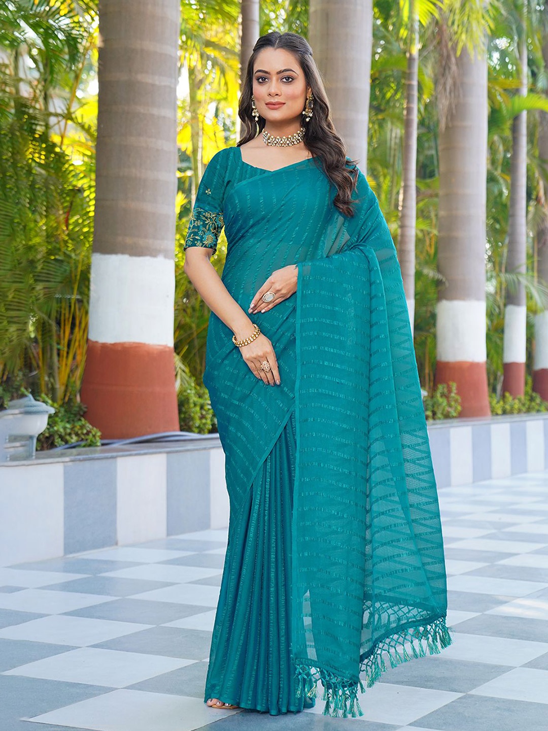 

A.V.M. SILK MILLS Striped Pure Chiffon Saree, Turquoise blue