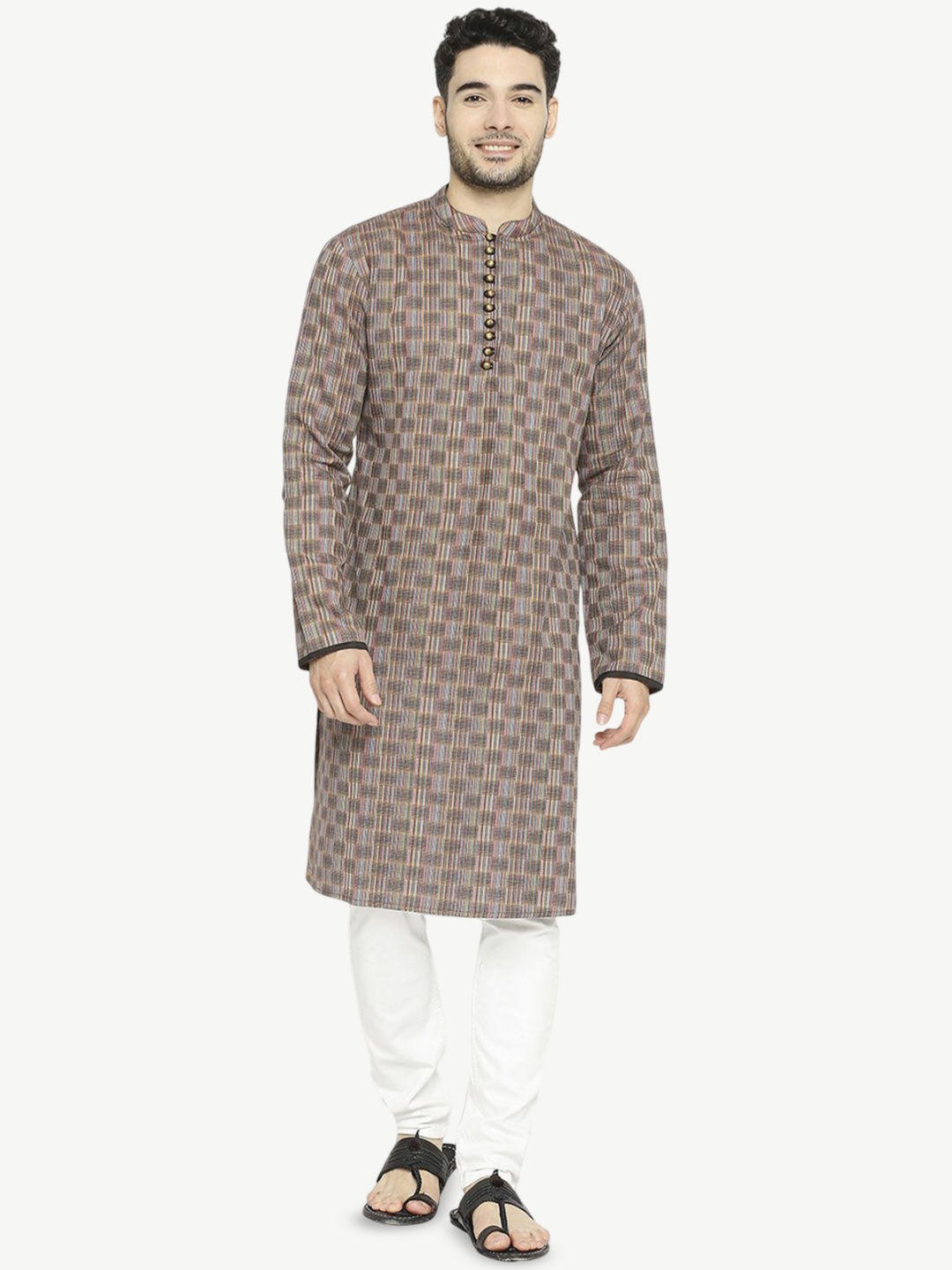 

Arch element Men Geometric Checked Flared Sleeves Mirror Work Kurta, Brown