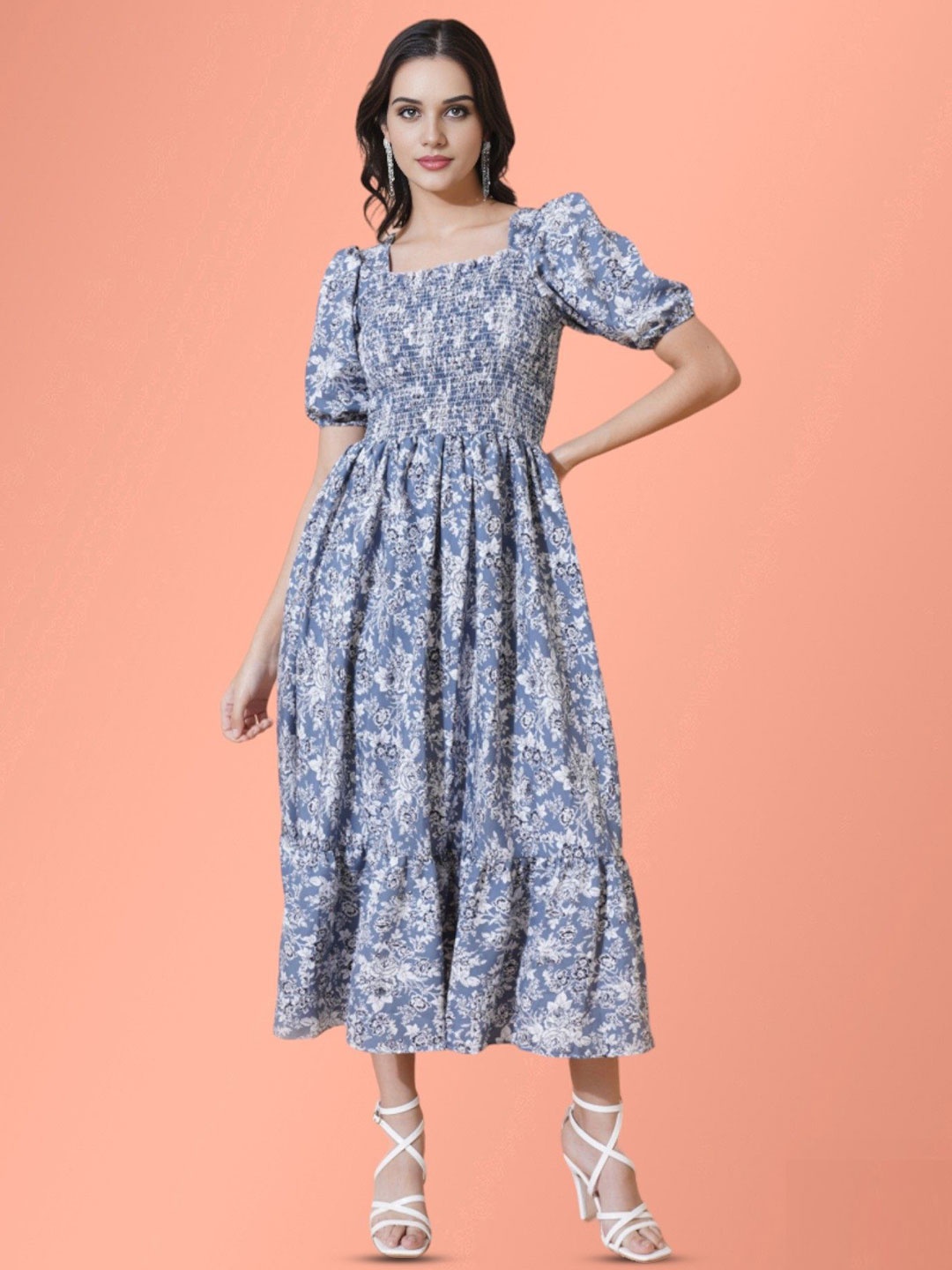 

Jash Creation Floral Print Applique Fit & Flare Maxi Dress, Blue