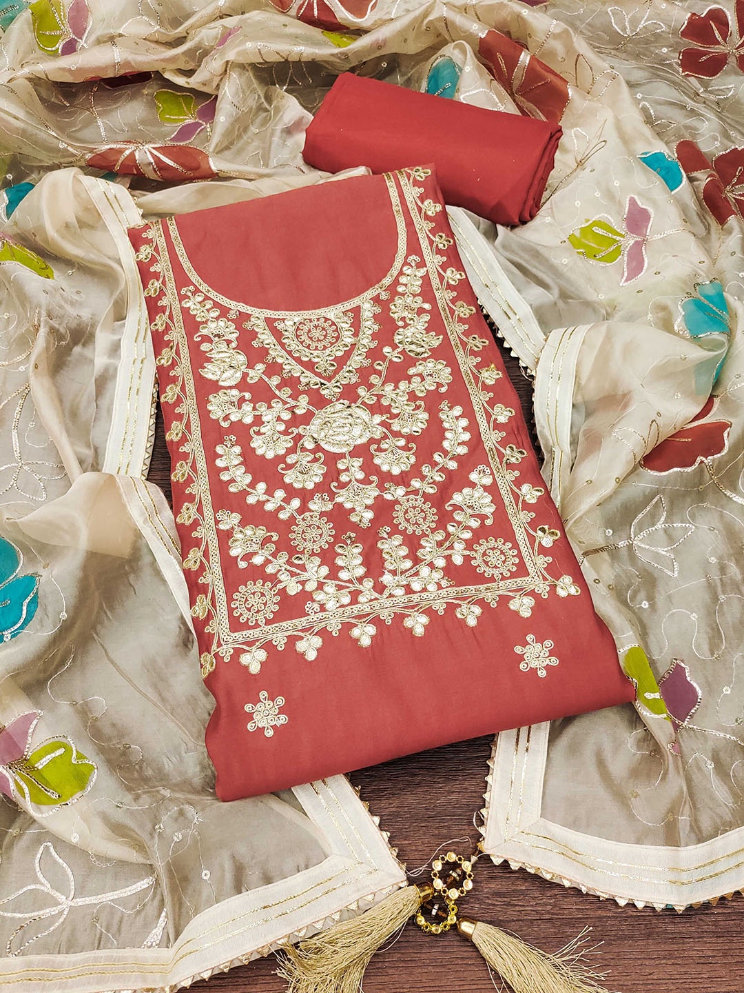 

SAINOOR Embroidered Pure Silk Semi-Stitched Dress Material, Peach