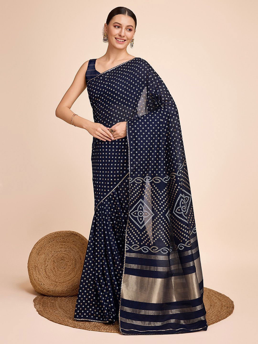 

DIVASTRI Bandhani Zari Silk Cotton Bandhani Saree, Navy blue