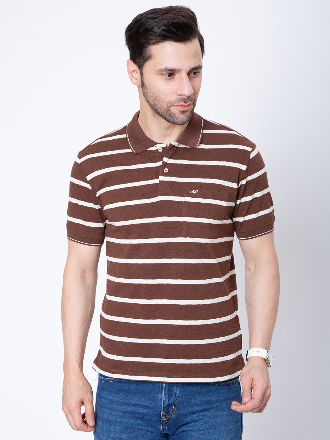 

Sparky Men Striped Polo Collar Pockets Slim Fit T-shirt, Brown