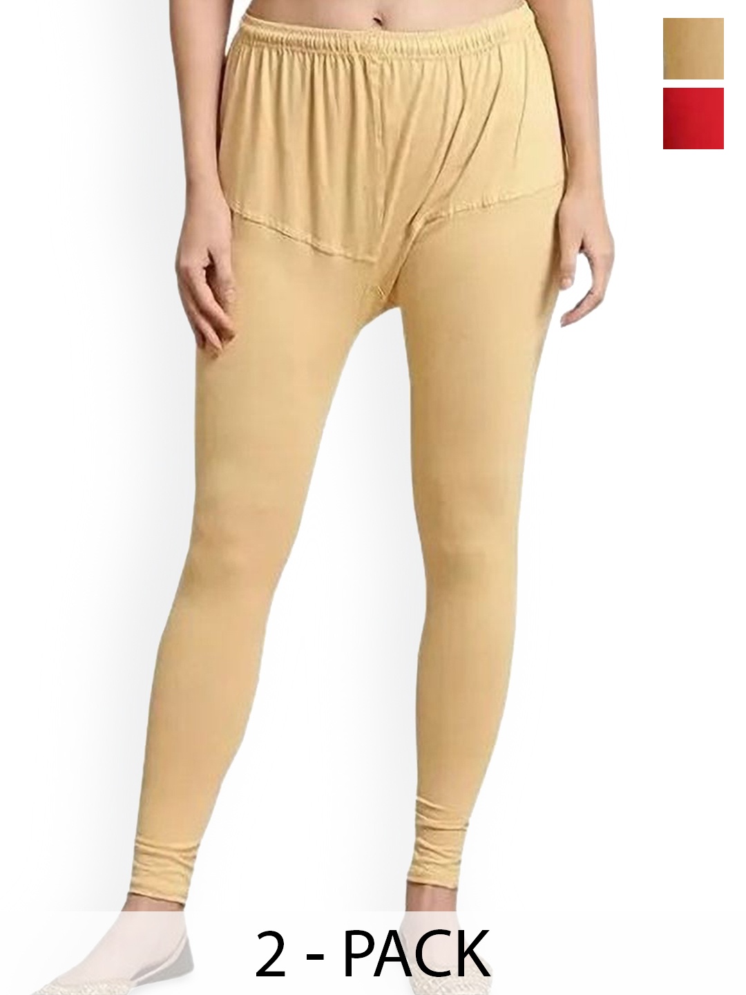 

URBAN KANYA Pack Of 2 Mid-Rise Churidar-Length Leggings, Red