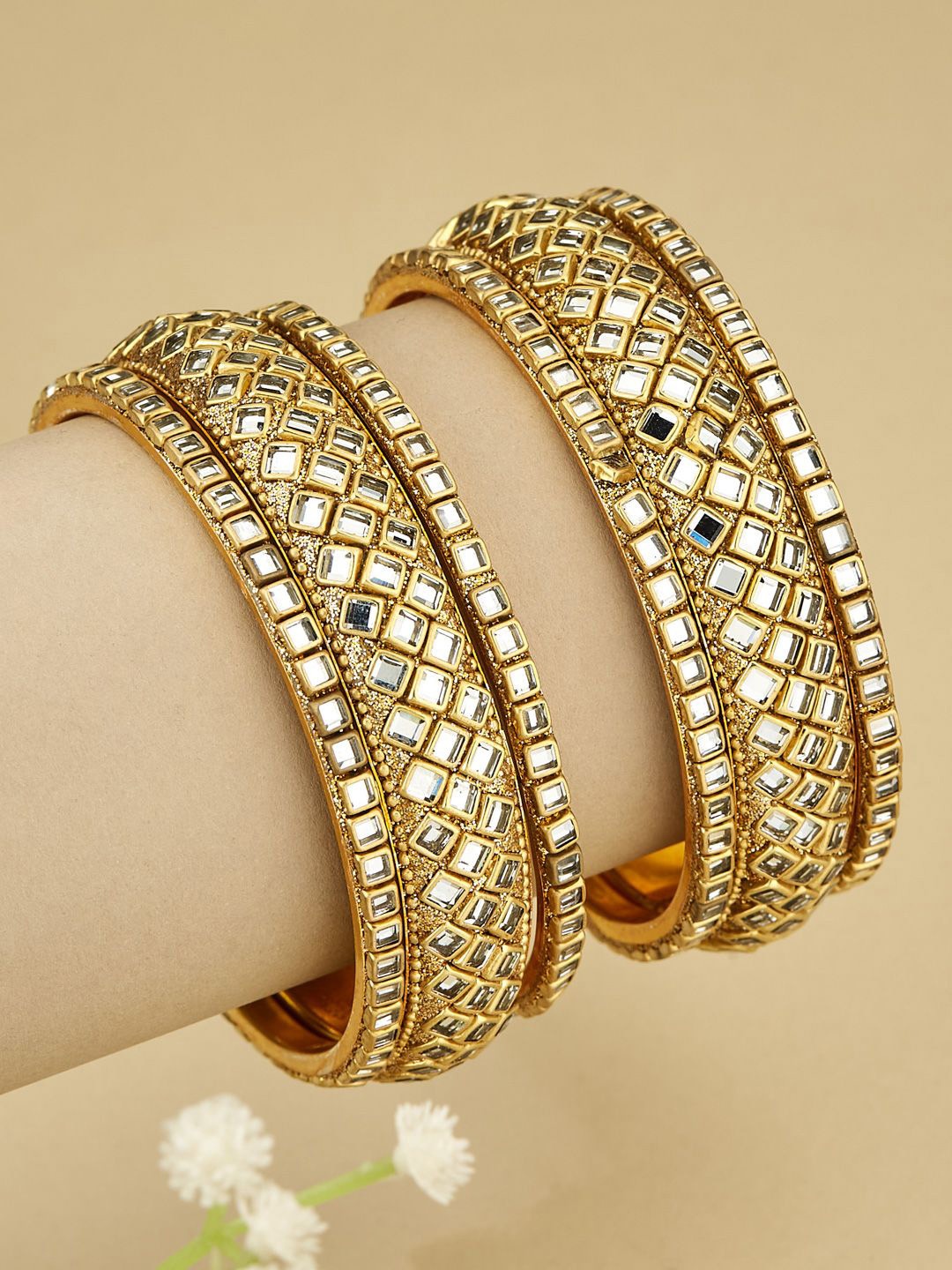

ATIBELLE Set Of 6 Gold-Plated Stone Studded Traditional Bangles