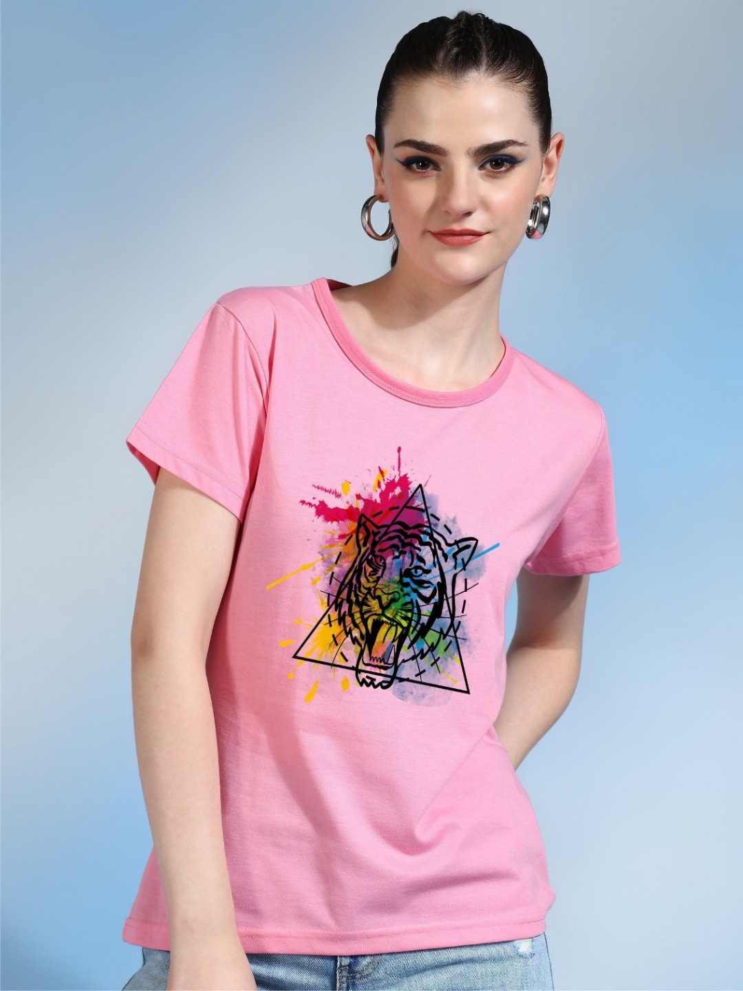 

Moda Rapido Women Printed Bio Finish Applique T-shirt, Pink