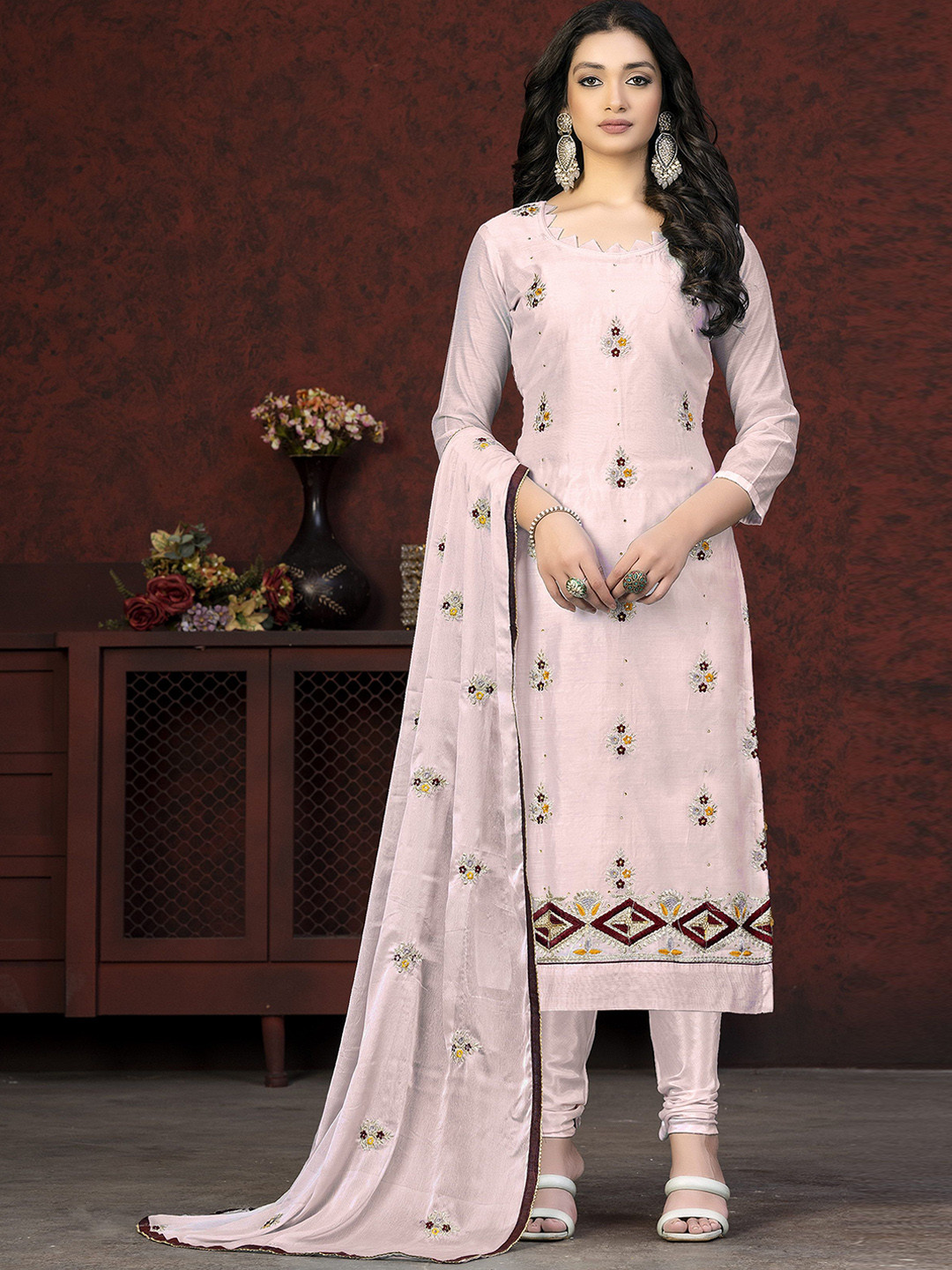 

SAINOOR Embroidered Semi-Stitched Dress Material, Pink
