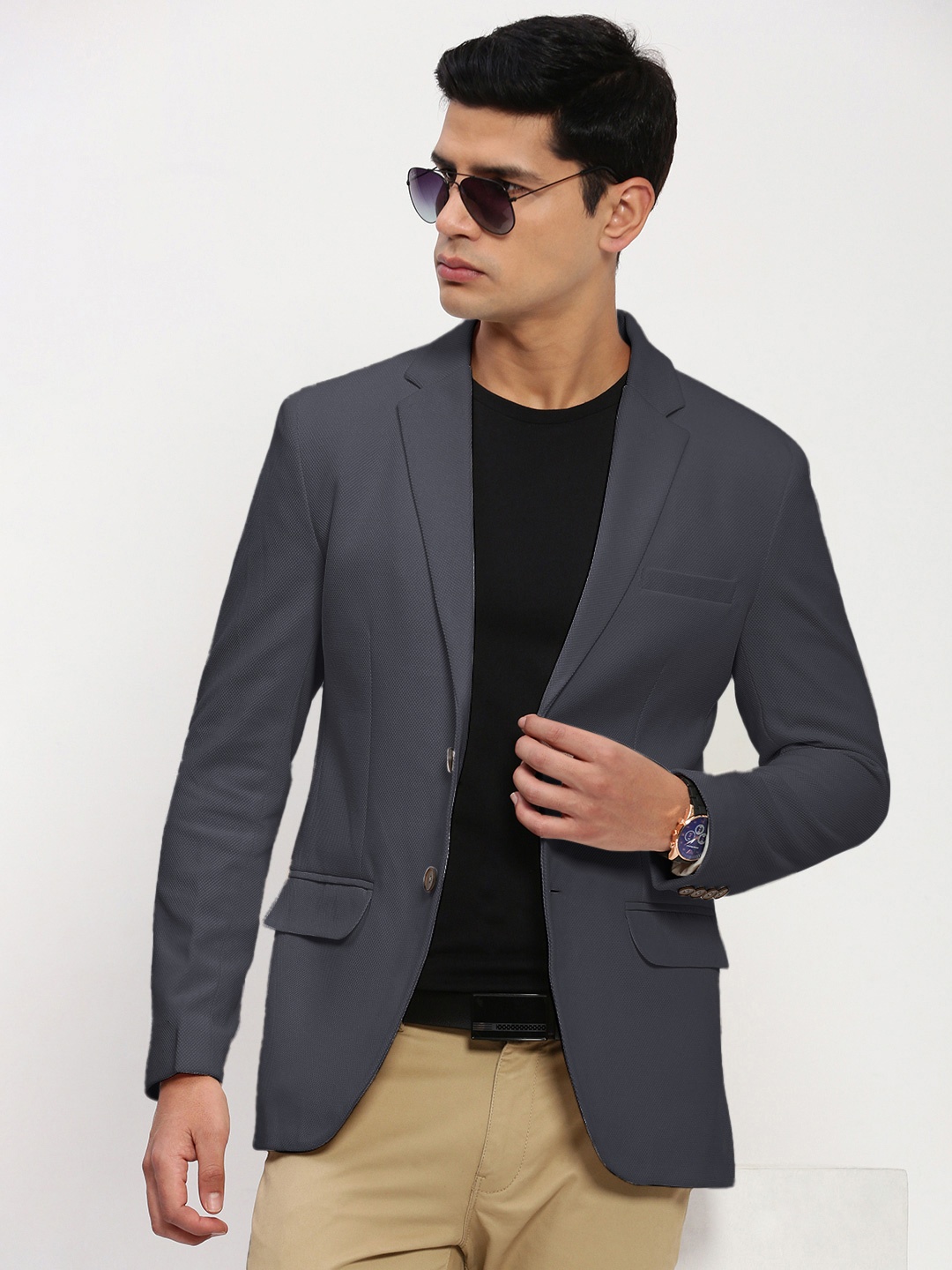 

SHOWOFF Self Design Cotton Notched Collar Slim Fit Singe Breasted Blazer, Grey